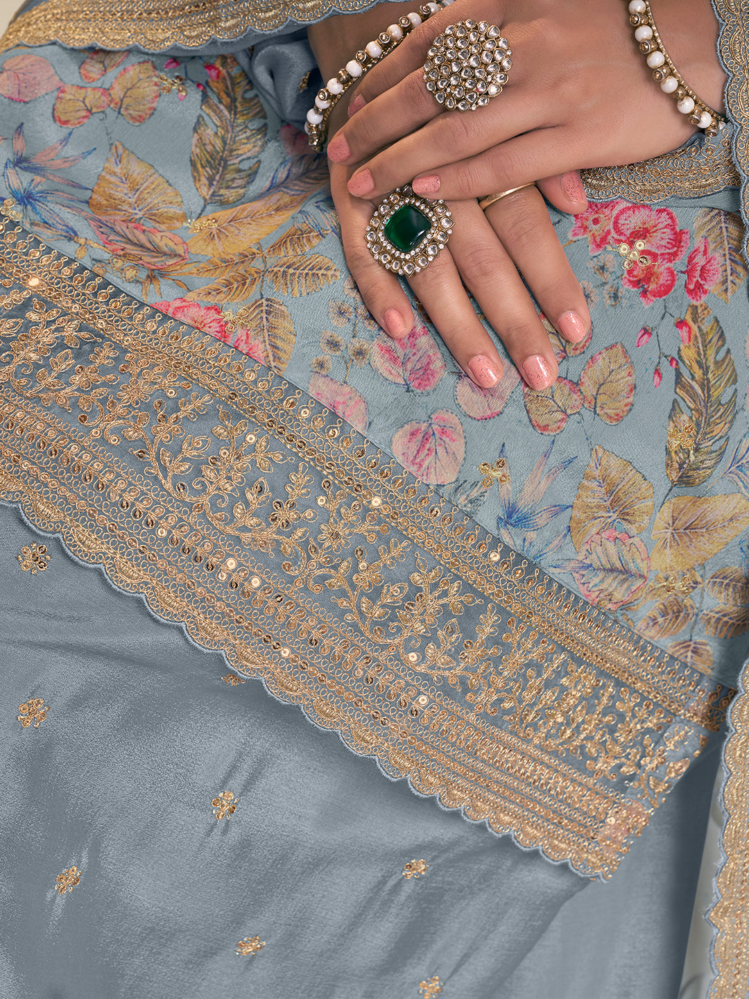 Light Blue Printed Sharara Suit Set in Chinon Digital Floral - qivii