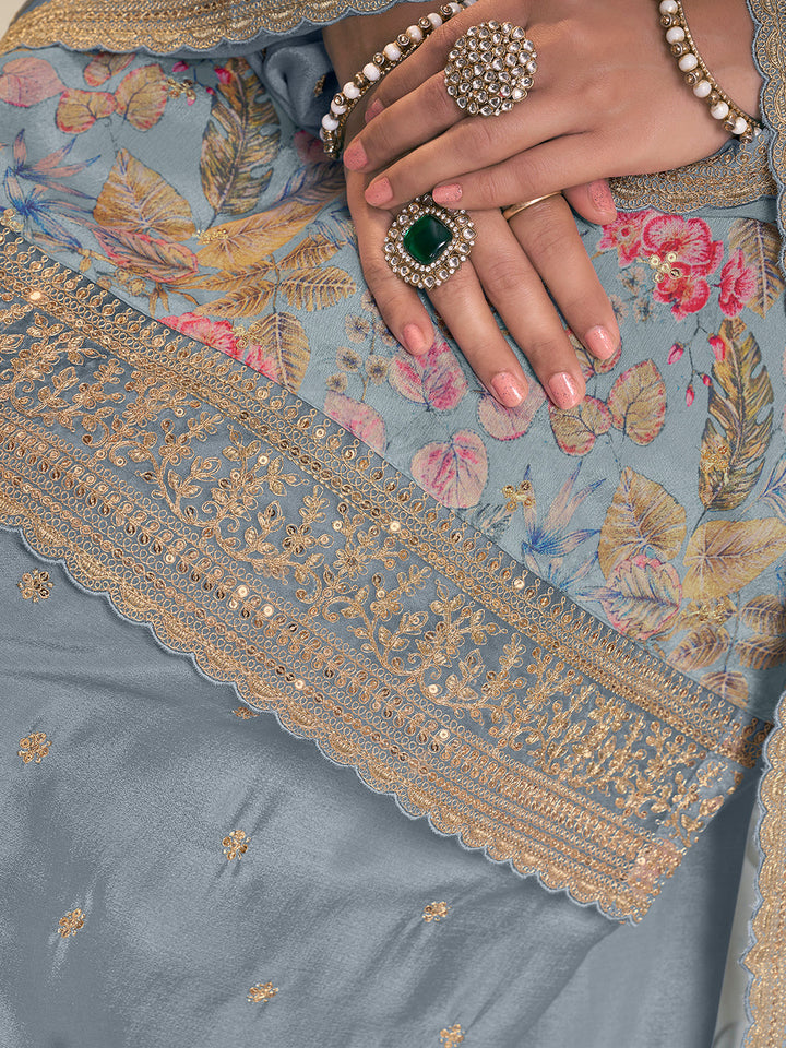 Light Blue Printed Sharara Suit Set in Chinon Digital Floral - qivii