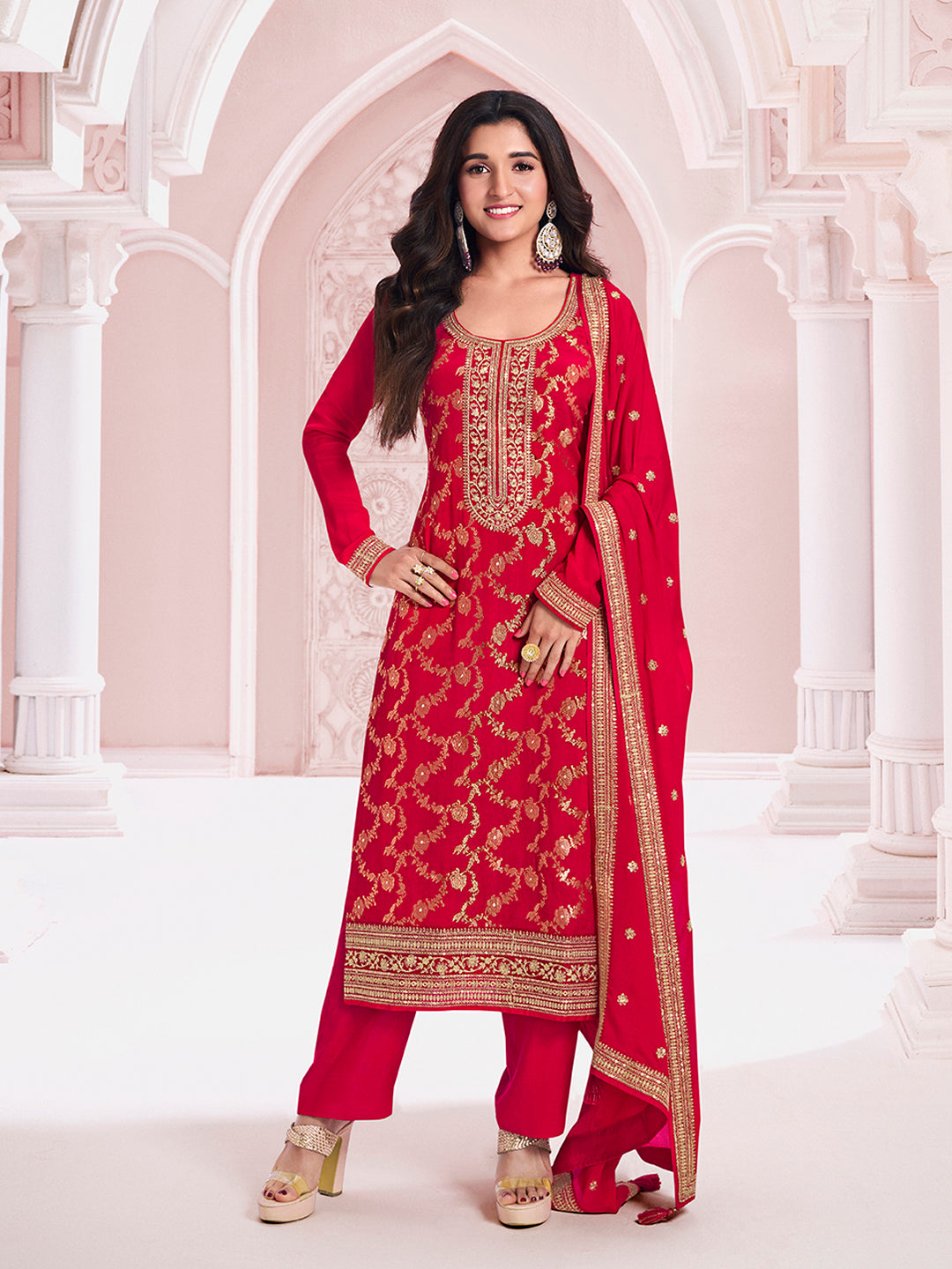 Red Chinon Fabric with Floral Jaal and Sequins Embroidery Kurta Suit Set - qivii