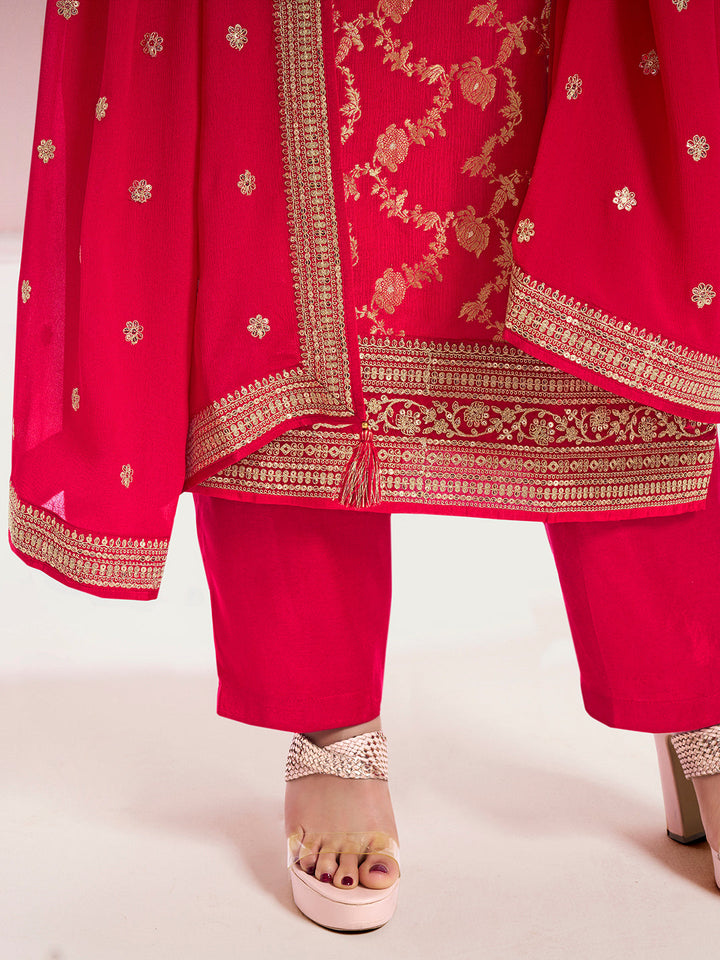 Red Chinon Fabric with Floral Jaal and Sequins Embroidery Kurta Suit Set - qivii