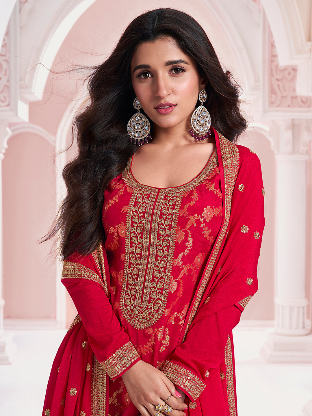 Red Chinon Fabric with Floral Jaal and Sequins Embroidery Kurta Suit Set - qivii