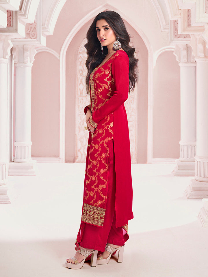 Red Chinon Fabric with Floral Jaal and Sequins Embroidery Kurta Suit Set - qivii