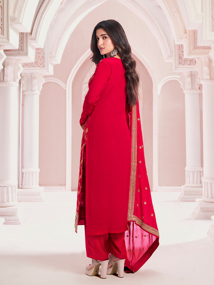 Red Chinon Fabric with Floral Jaal and Sequins Embroidery Kurta Suit Set - qivii
