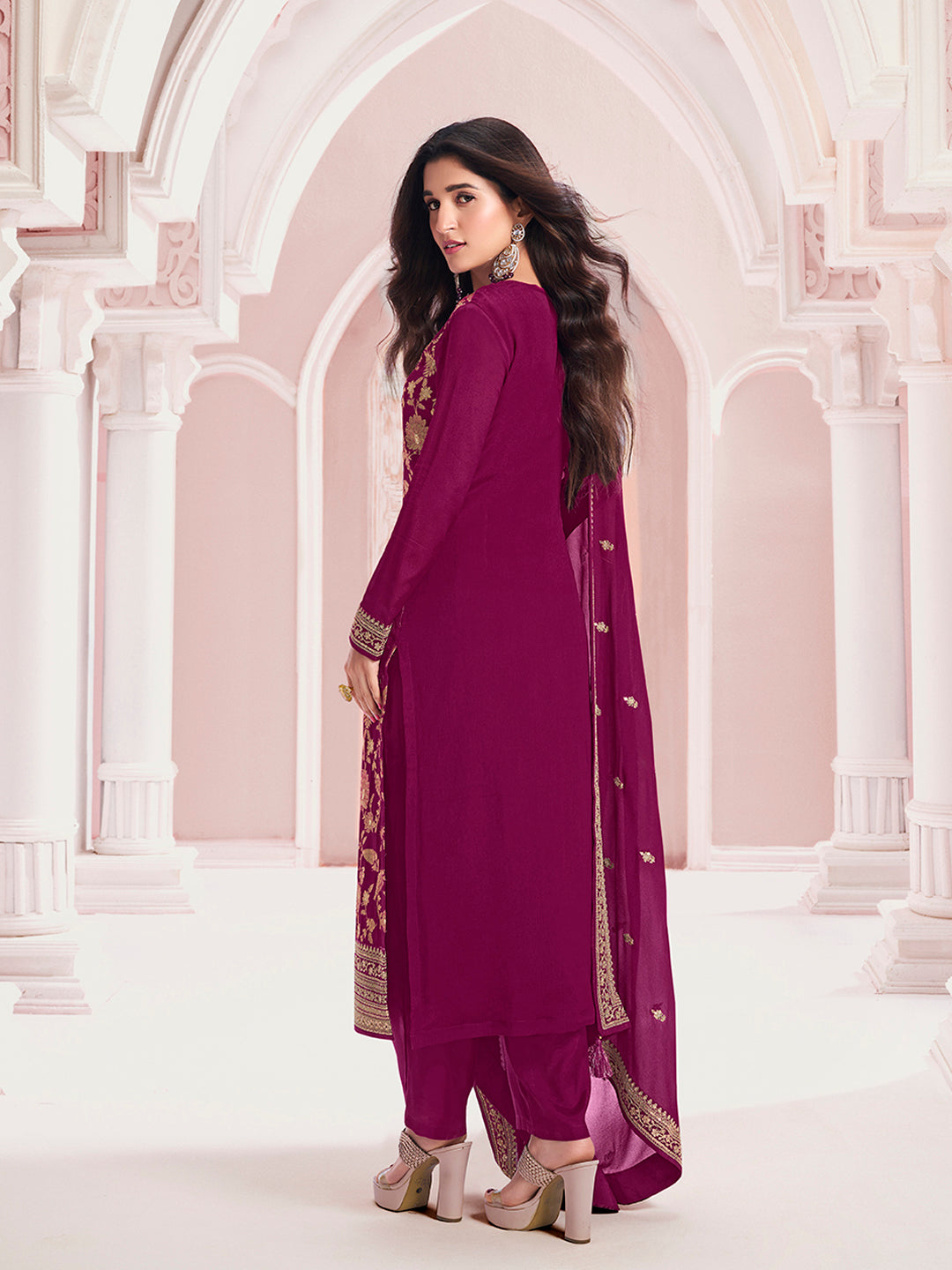 Wine Chinon Fabric with Floral Jaal and Sequins Embroidery Kurta Suit Set - qivii