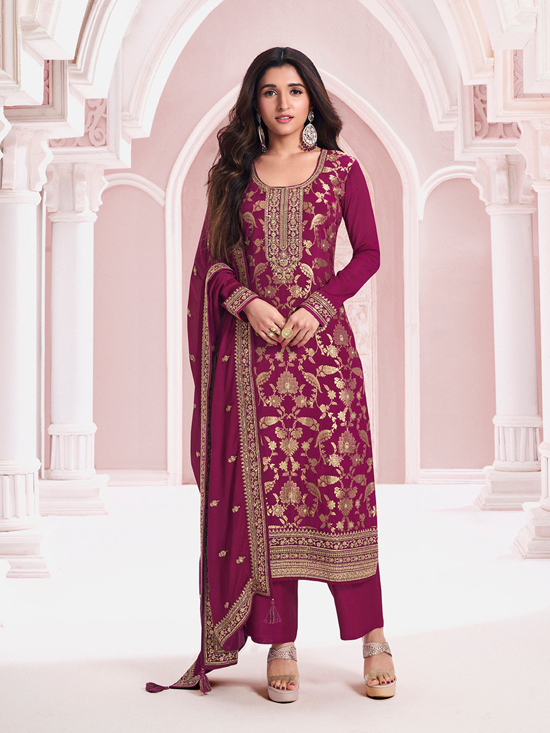 Wine Chinon Fabric with Floral Jaal and Sequins Embroidery Kurta Suit Set - qivii