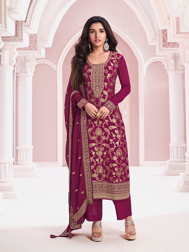 Wine Chinon Fabric with Floral Jaal and Sequins Embroidery Kurta Suit Set - qivii