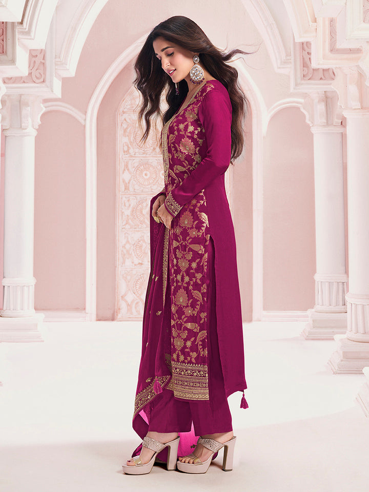 Wine Chinon Fabric with Floral Jaal and Sequins Embroidery Kurta Suit Set - qivii