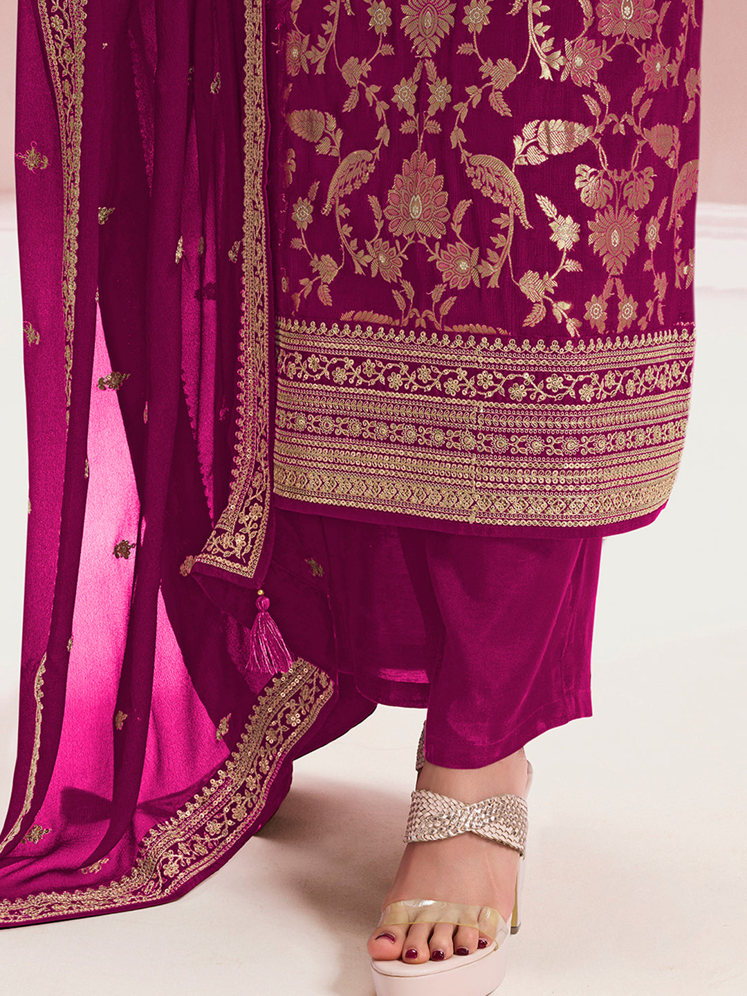 Wine Chinon Fabric with Floral Jaal and Sequins Embroidery Kurta Suit Set - qivii