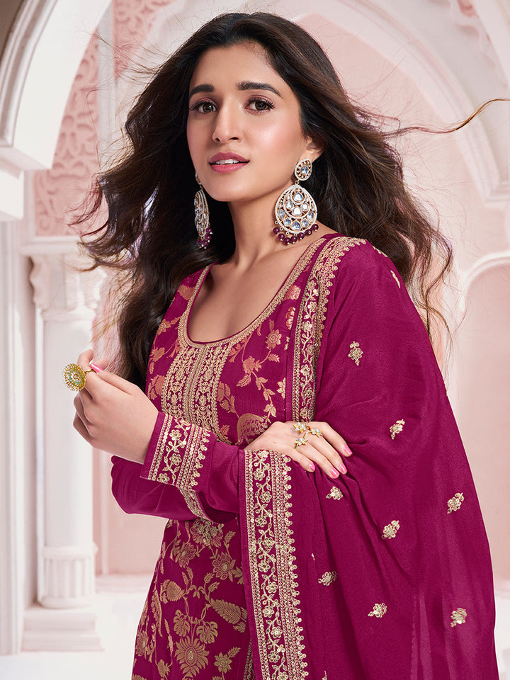 Wine Chinon Fabric with Floral Jaal and Sequins Embroidery Kurta Suit Set - qivii