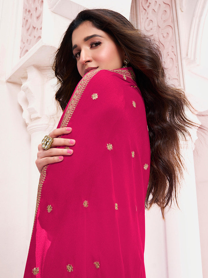 Hot Pink Chinon Fabric with Floral Jaal and Sequins Embroidery Kurta Suit Set - qivii