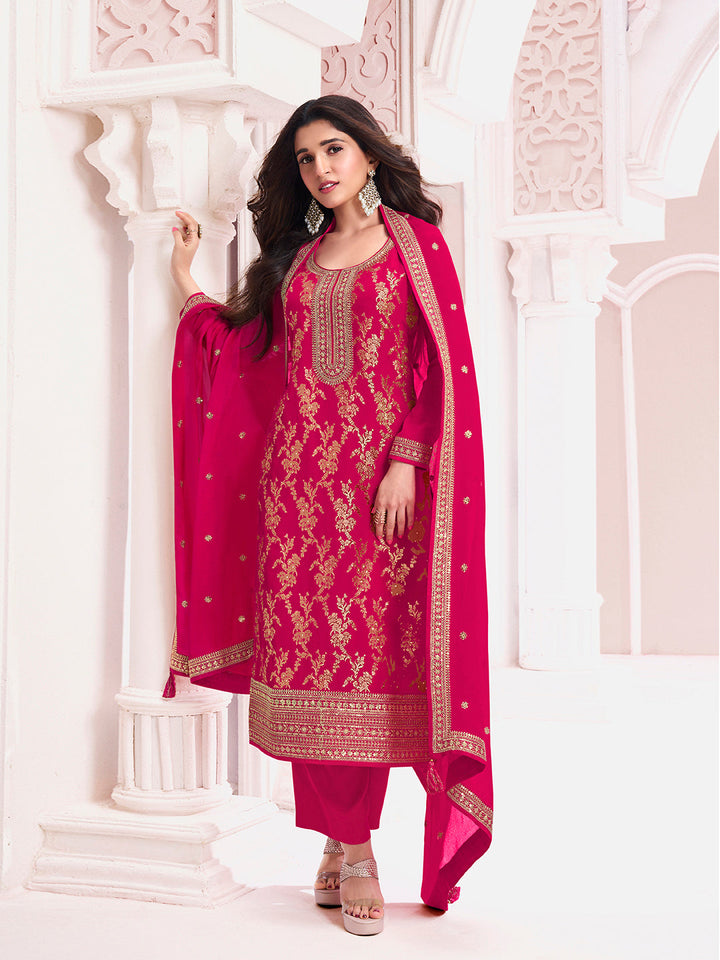 Hot Pink Chinon Fabric with Floral Jaal and Sequins Embroidery Kurta Suit Set - qivii