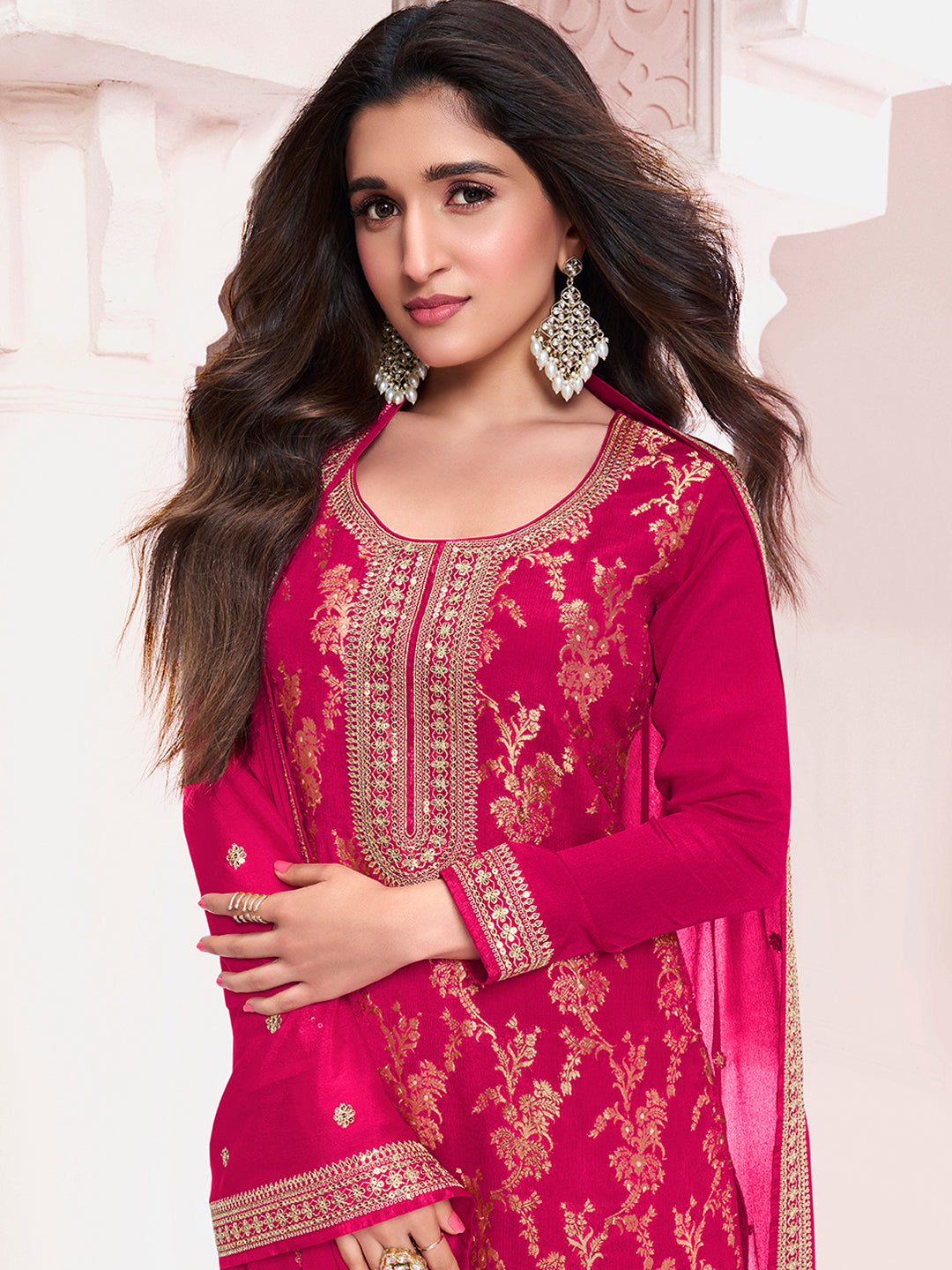 Hot Pink Chinon Fabric with Floral Jaal and Sequins Embroidery Kurta Suit Set - qivii