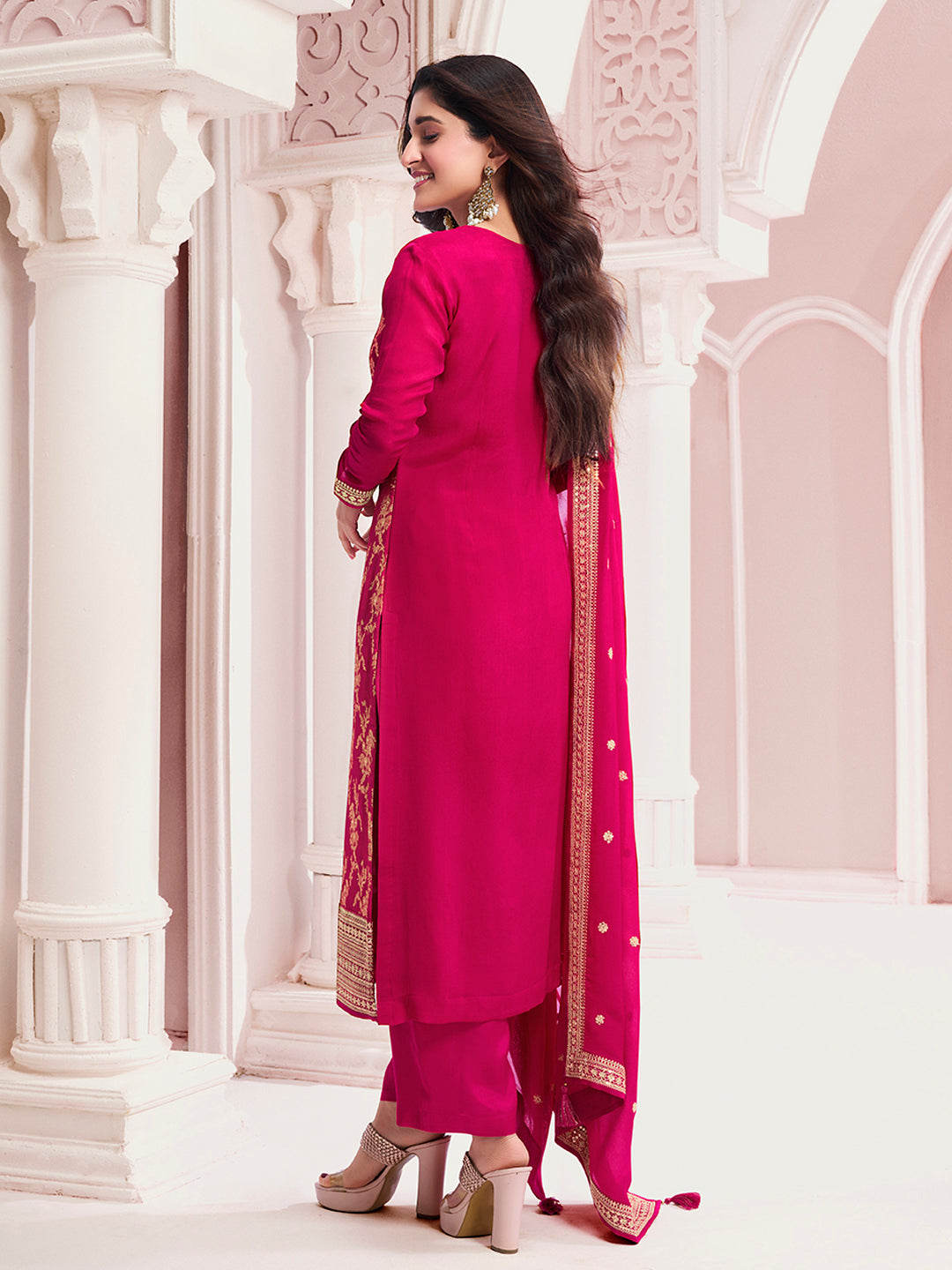 Hot Pink Chinon Fabric with Floral Jaal and Sequins Embroidery Kurta Suit Set - qivii