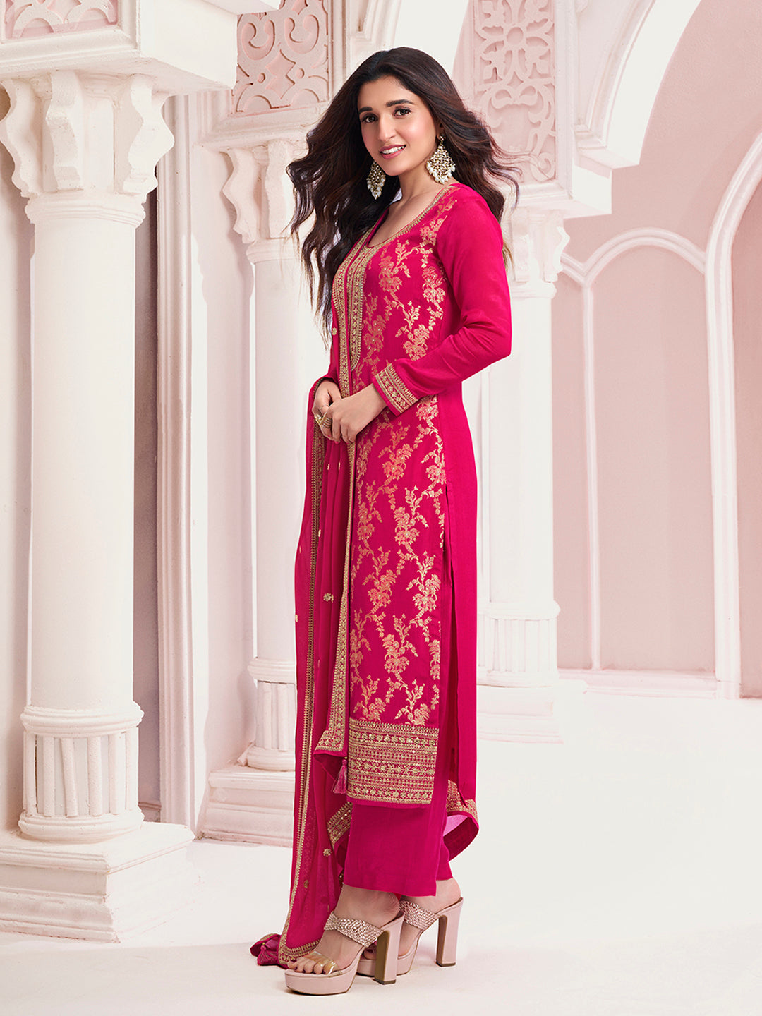 Hot Pink Chinon Fabric with Floral Jaal and Sequins Embroidery Kurta Suit Set - qivii