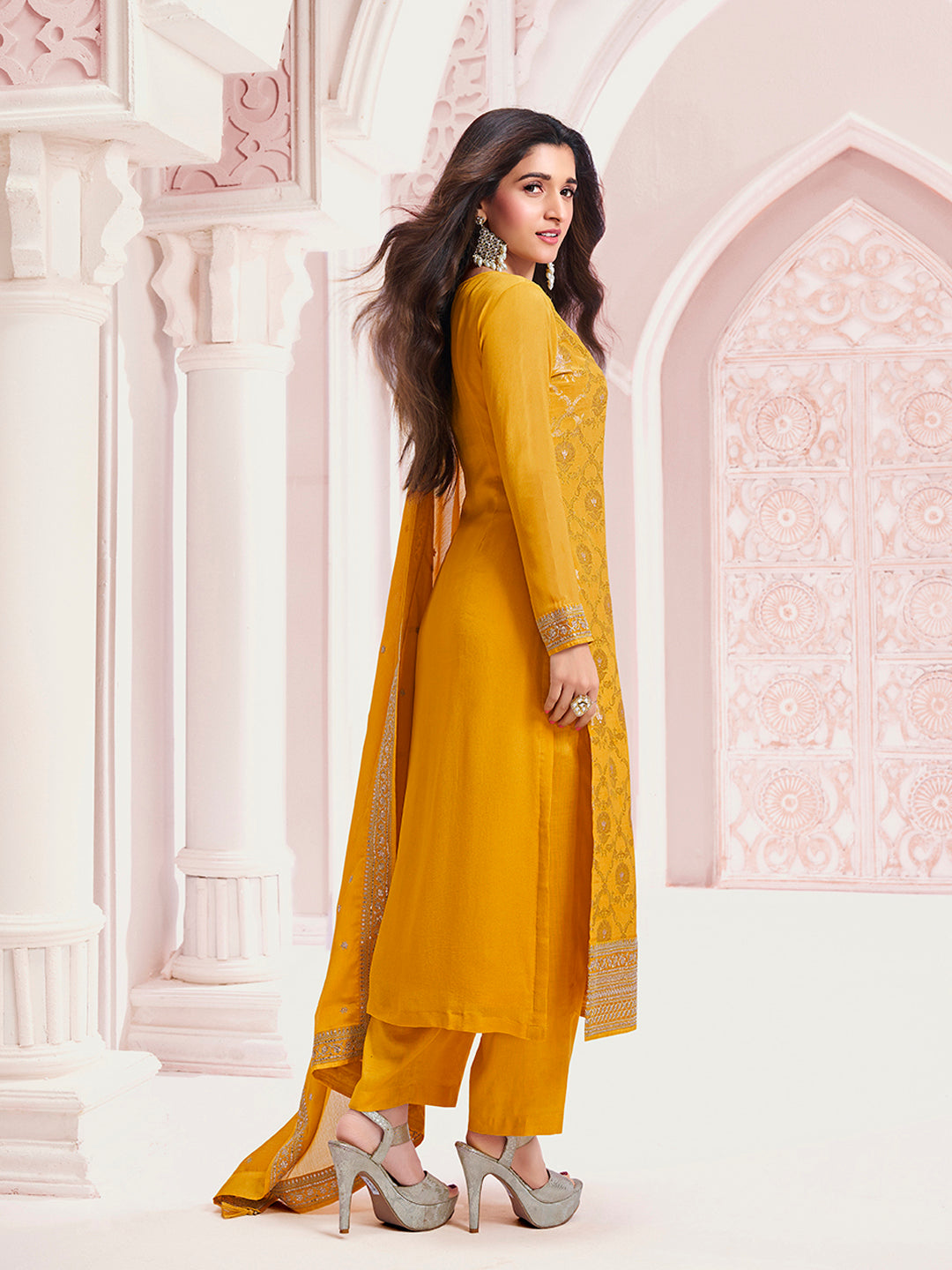 Yellow Chinon Fabric with Floral Jaal and Sequins Embroidery Kurta Suit Set - qivii