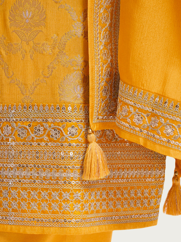 Yellow Chinon Fabric with Floral Jaal and Sequins Embroidery Kurta Suit Set - qivii
