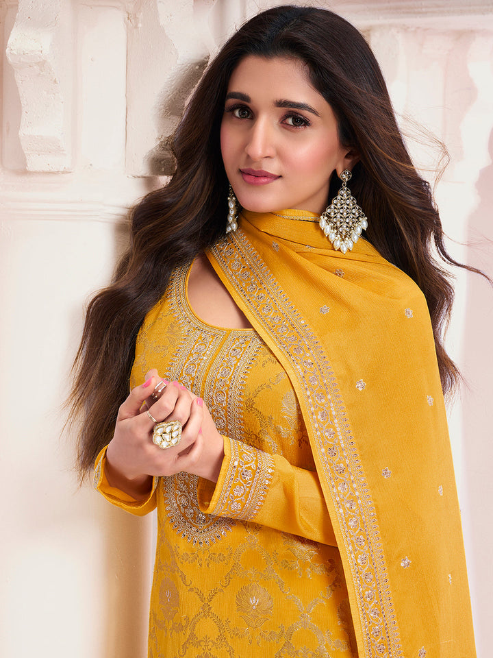 Yellow Chinon Fabric with Floral Jaal and Sequins Embroidery Kurta Suit Set - qivii