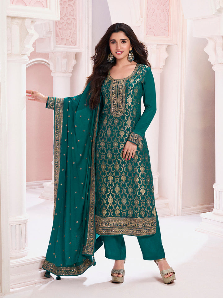 Green Chinon Fabric with Floral Jaal and Sequins Embroidery Kurta Suit Set - qivii