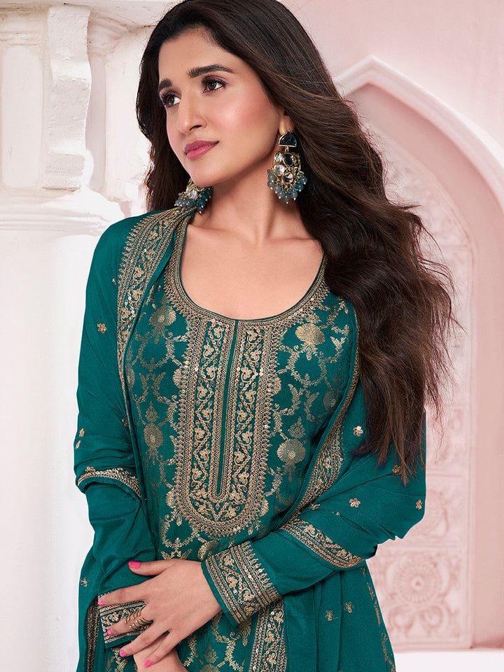 Green Chinon Fabric with Floral Jaal and Sequins Embroidery Kurta Suit Set - qivii