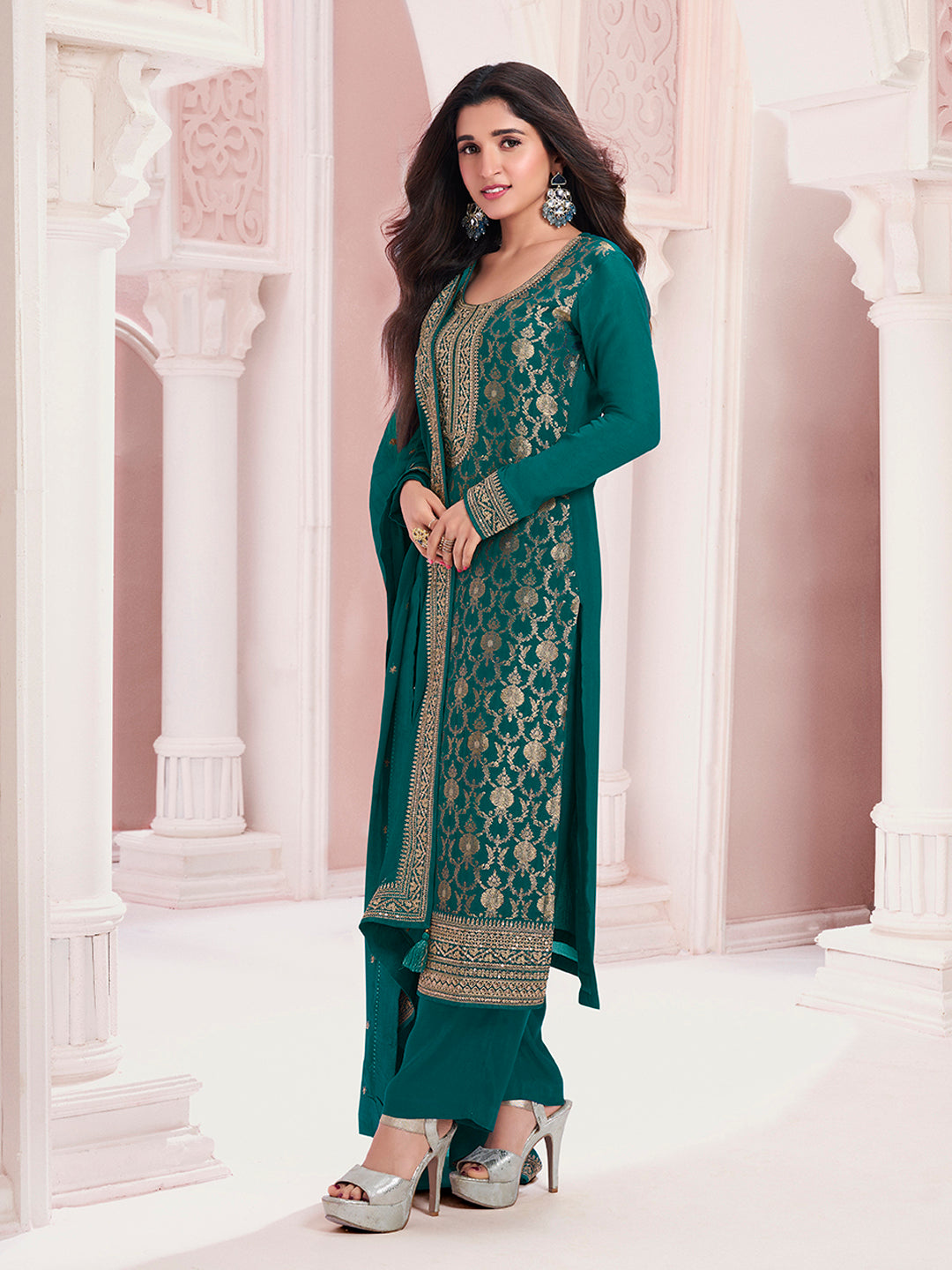 Green Chinon Fabric with Floral Jaal and Sequins Embroidery Kurta Suit Set - qivii