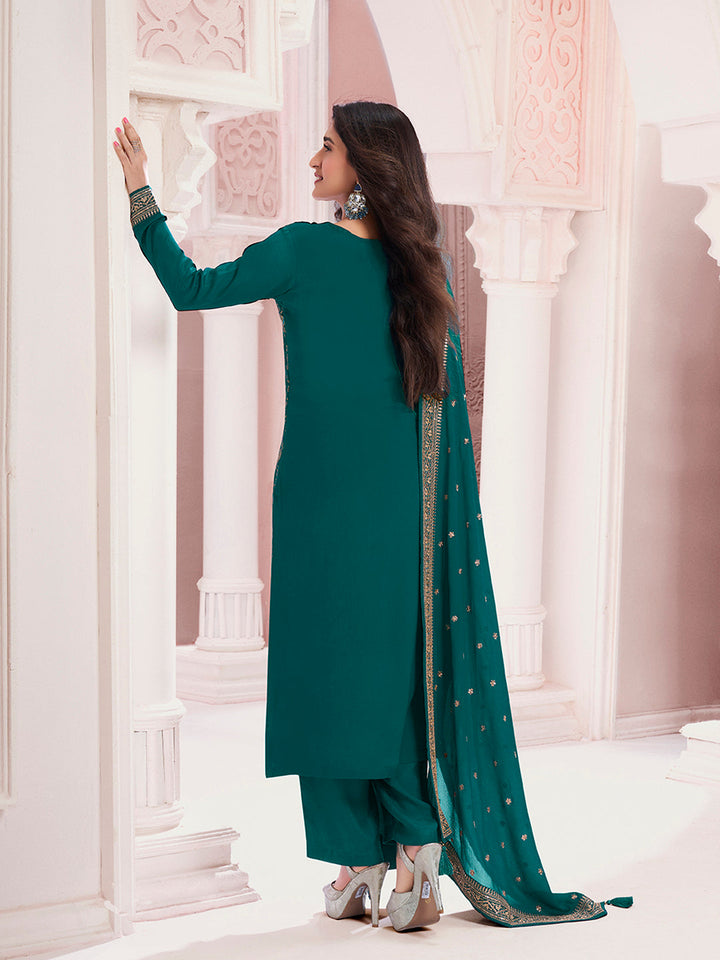Green Chinon Fabric with Floral Jaal and Sequins Embroidery Kurta Suit Set - qivii