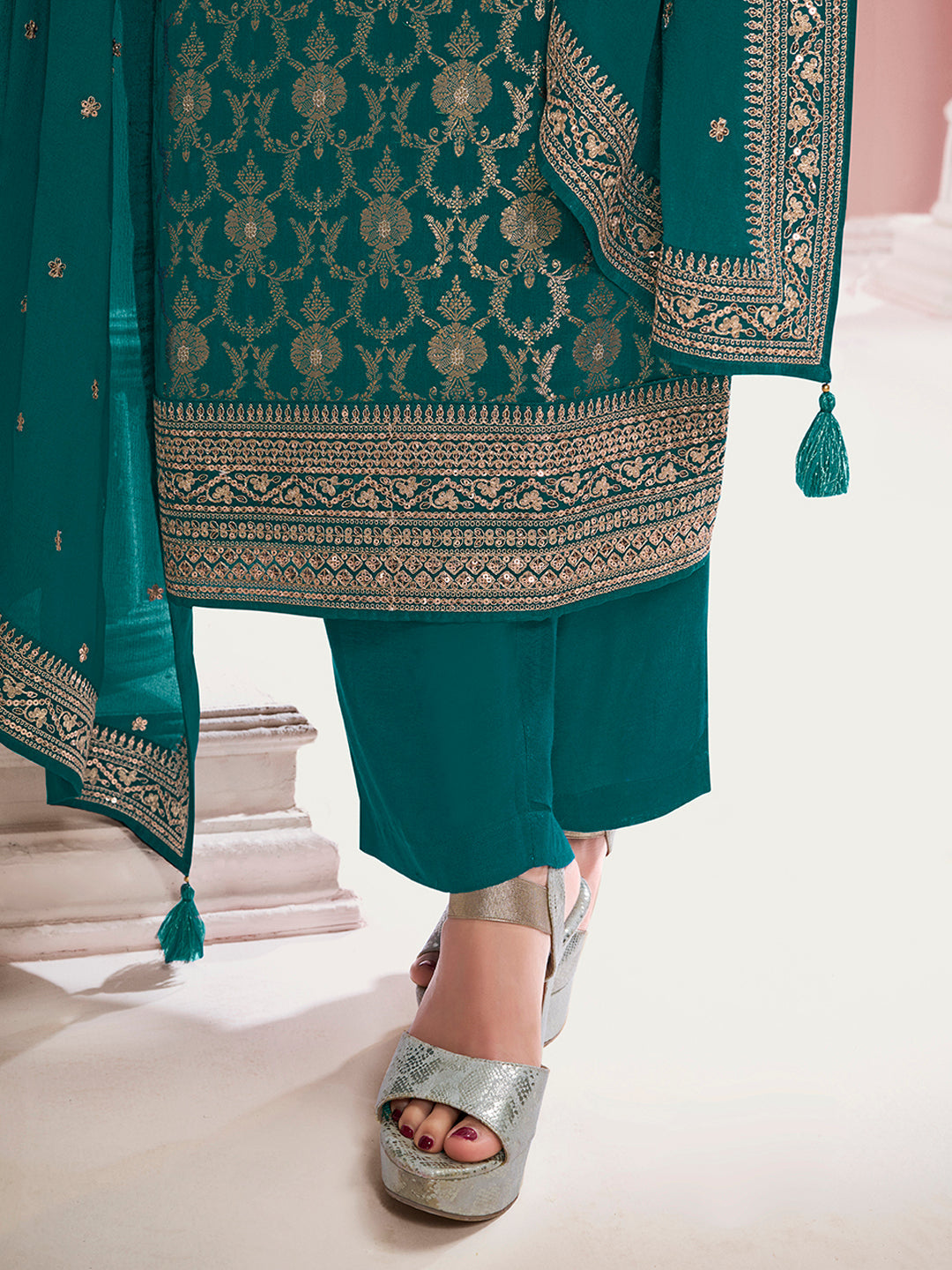 Green Chinon Fabric with Floral Jaal and Sequins Embroidery Kurta Suit Set - qivii