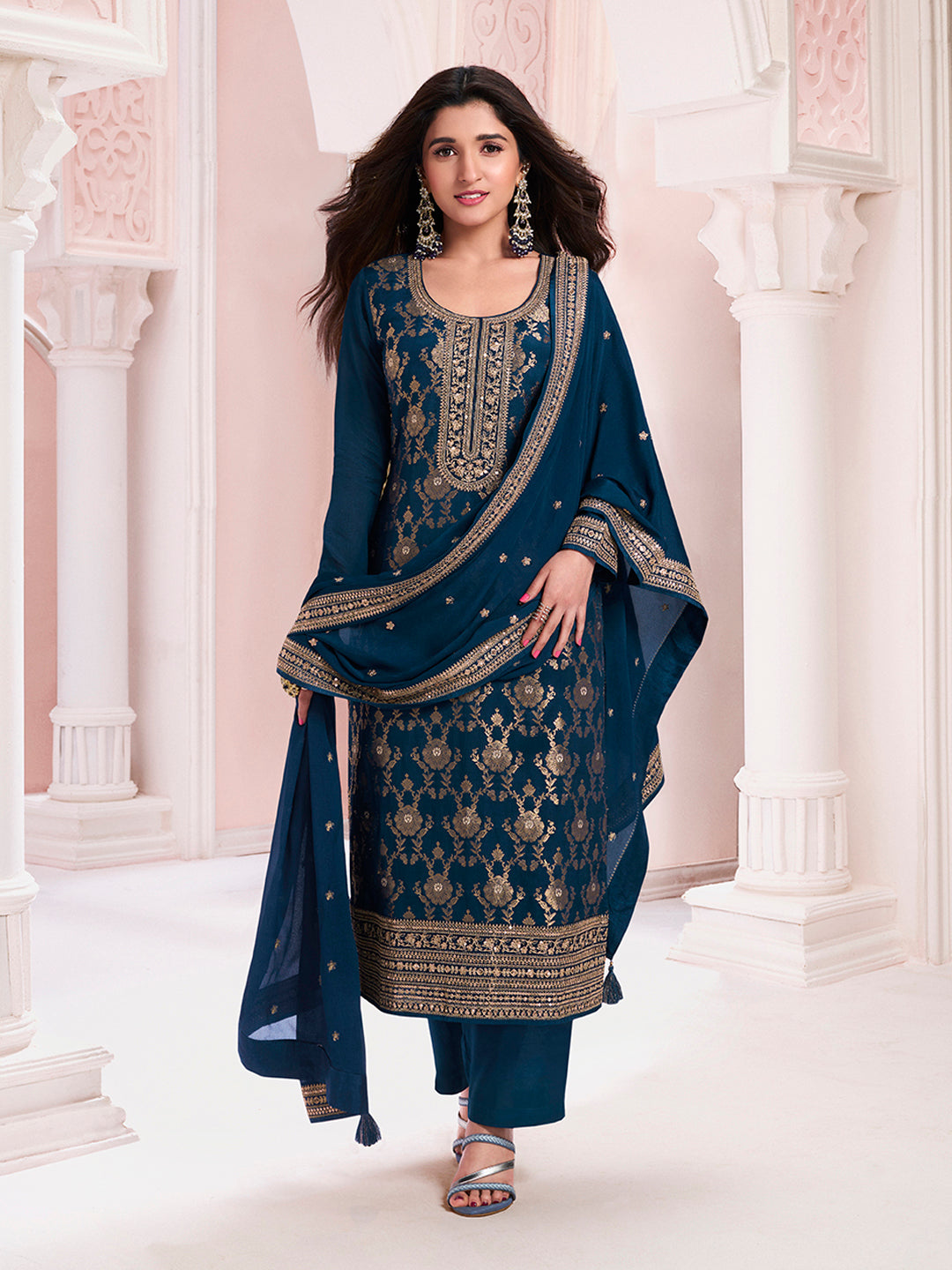 Navy Blue Chinon Kurta Set with Floral and Sequins Embroidery - qivii