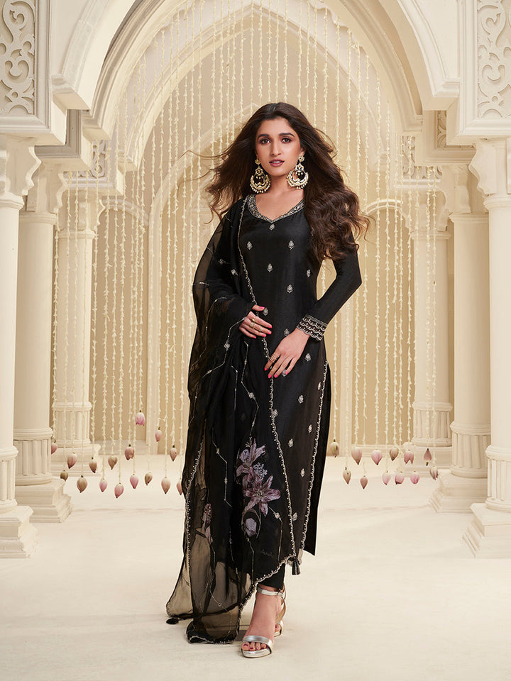 Black Cutwork Neckline Dola Silk Kurta Suit Set with Floral Applique Dupatta - qivii