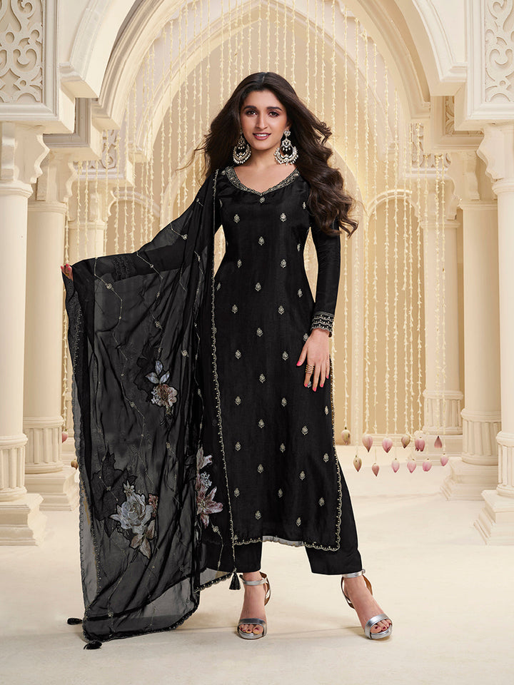 Black Cutwork Neckline Dola Silk Kurta Suit Set with Floral Applique Dupatta - qivii