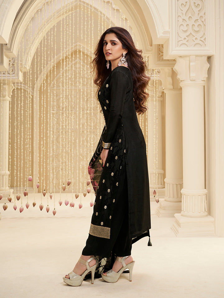 Black Dola Ethnic Motifs Jacquard Kurta Suit Set - qivii