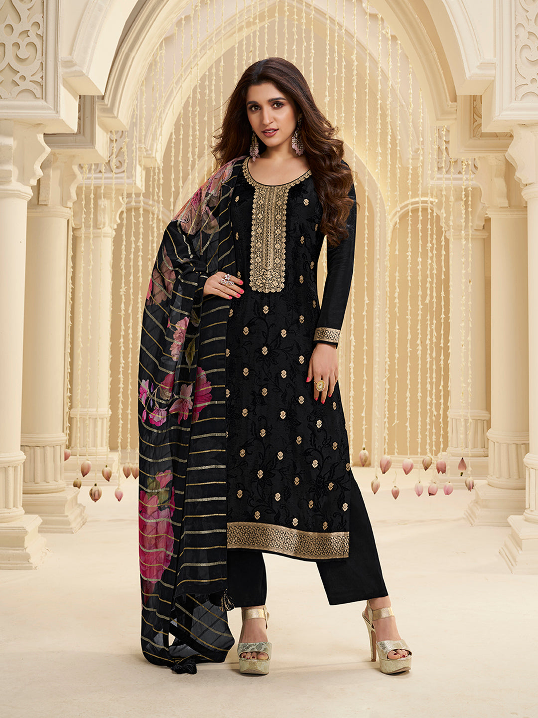 Black Dola Ethnic Motifs Jacquard Kurta Suit Set - qivii
