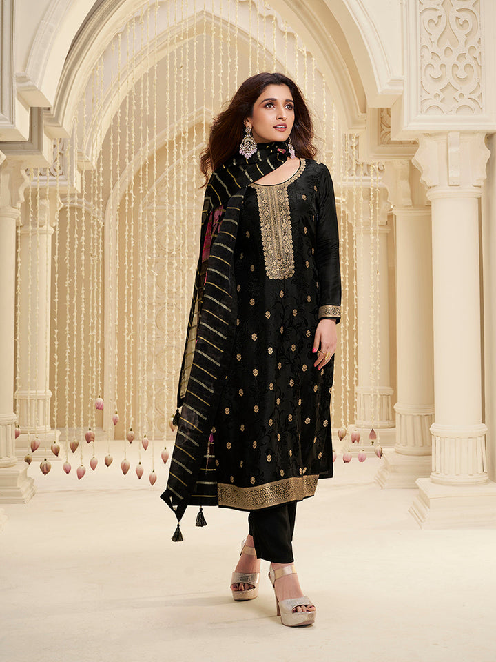 Black Dola Ethnic Motifs Jacquard Kurta Suit Set - qivii