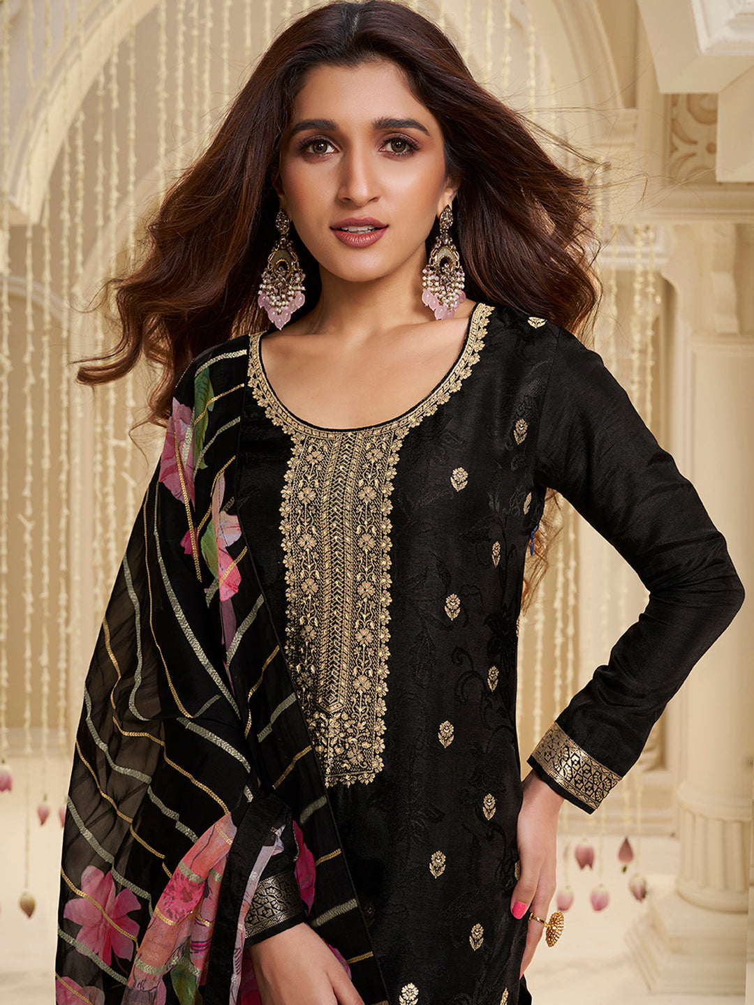 Black Dola Ethnic Motifs Jacquard Kurta Suit Set - qivii