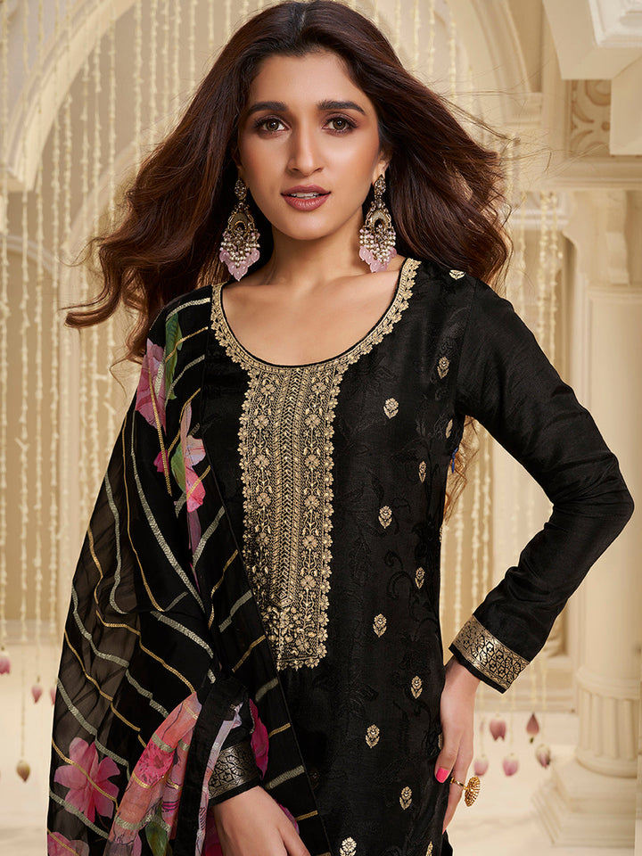 Black Dola Ethnic Motifs Jacquard Kurta Suit Set - qivii