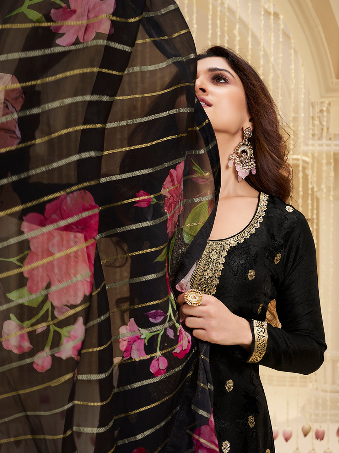 Black Dola Ethnic Motifs Jacquard Kurta Suit Set - qivii