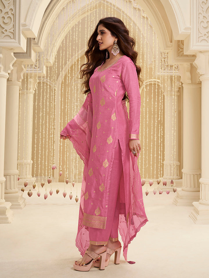Pink Dola Ethnic Motifs Jacquard with Embroidered Kurta Suit Set - qivii