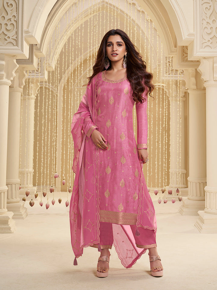 Pink Dola Ethnic Motifs Jacquard with Embroidered Kurta Suit Set - qivii