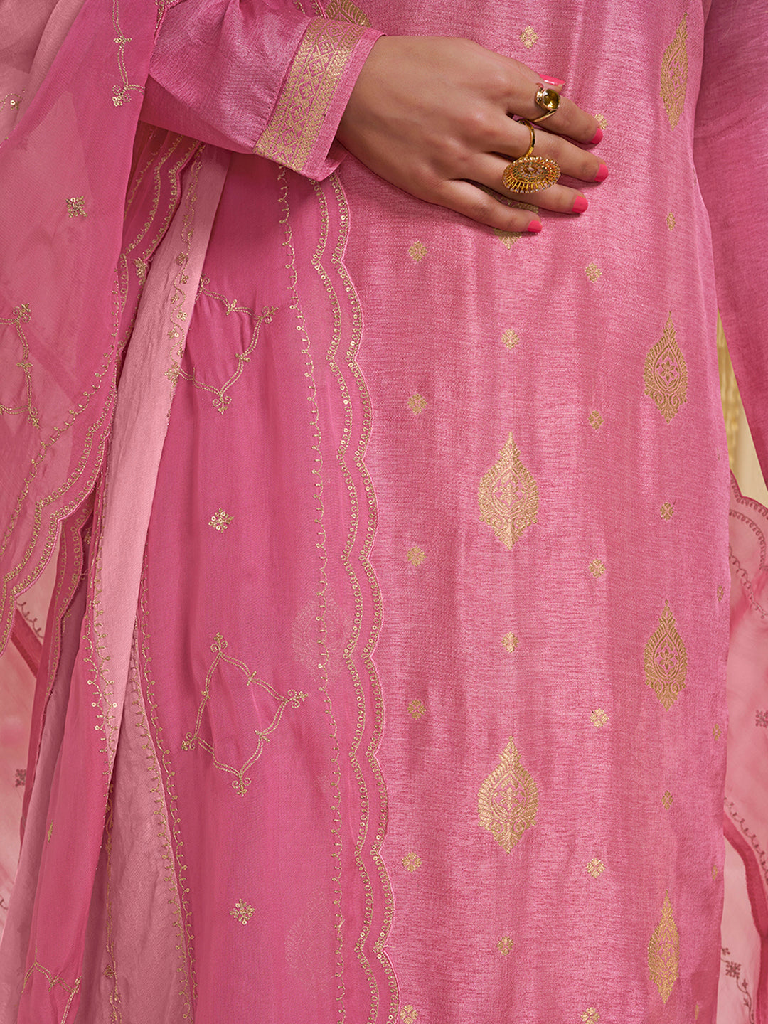 Pink Dola Ethnic Motifs Jacquard with Embroidered Kurta Suit Set - qivii