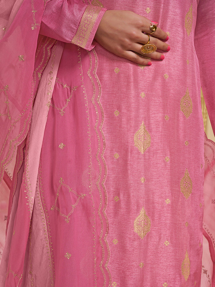 Pink Dola Ethnic Motifs Jacquard with Embroidered Kurta Suit Set - qivii
