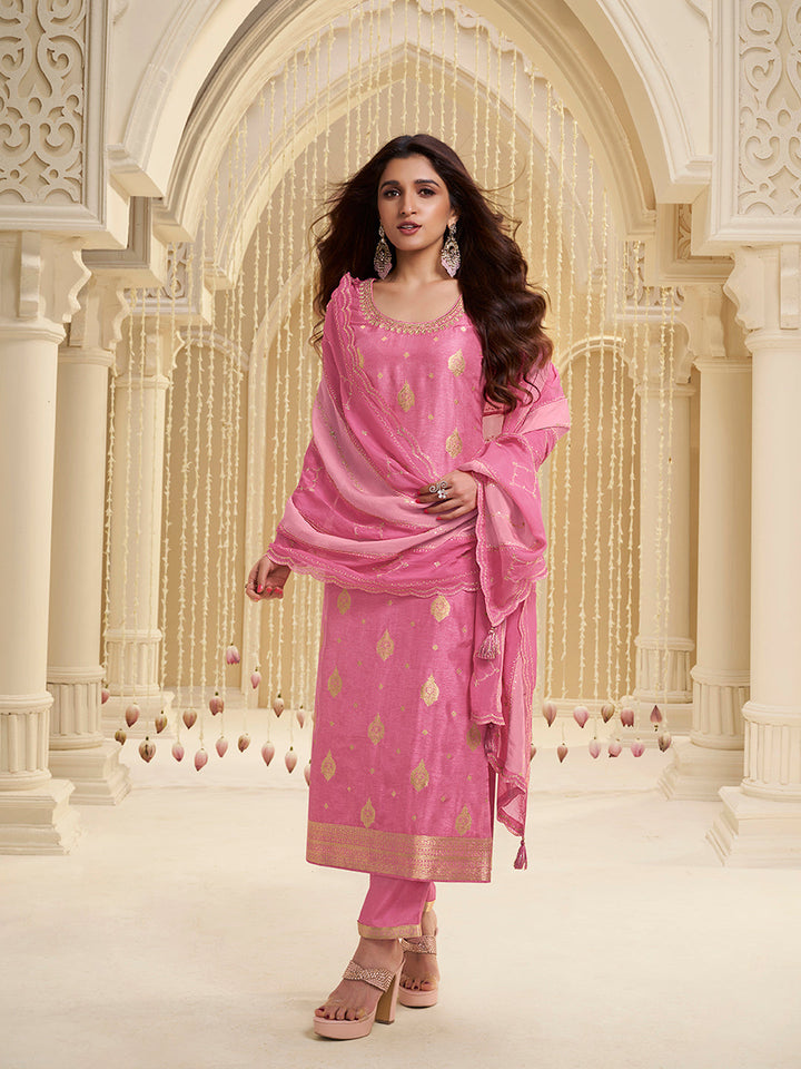 Pink Dola Ethnic Motifs Jacquard with Embroidered Kurta Suit Set - qivii