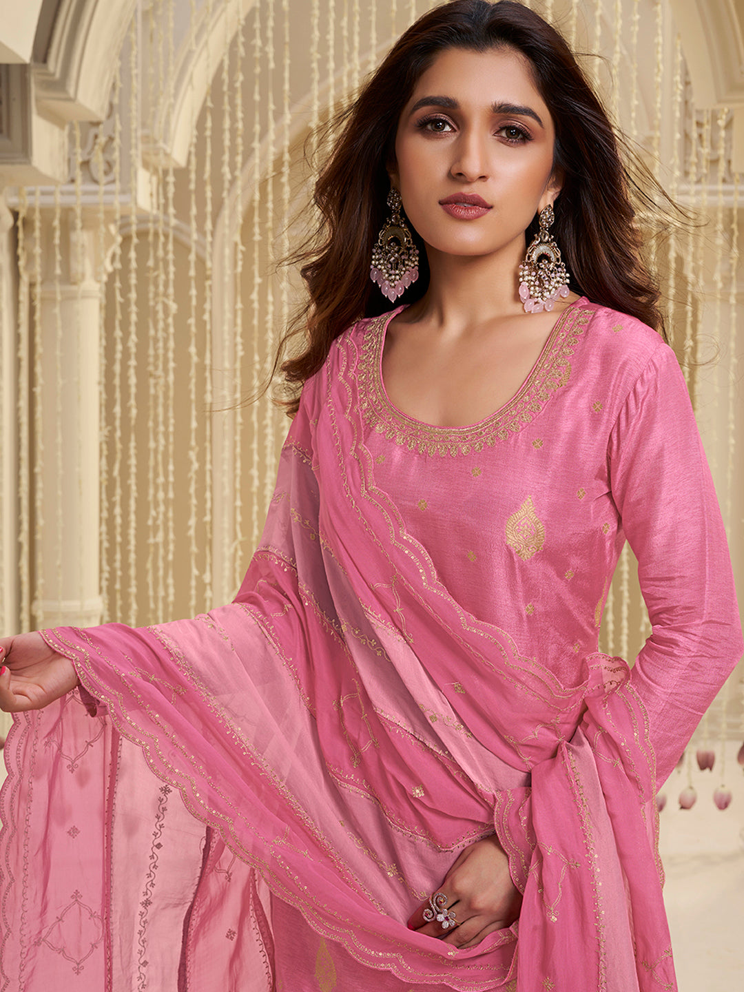 Pink Dola Ethnic Motifs Jacquard with Embroidered Kurta Suit Set - qivii
