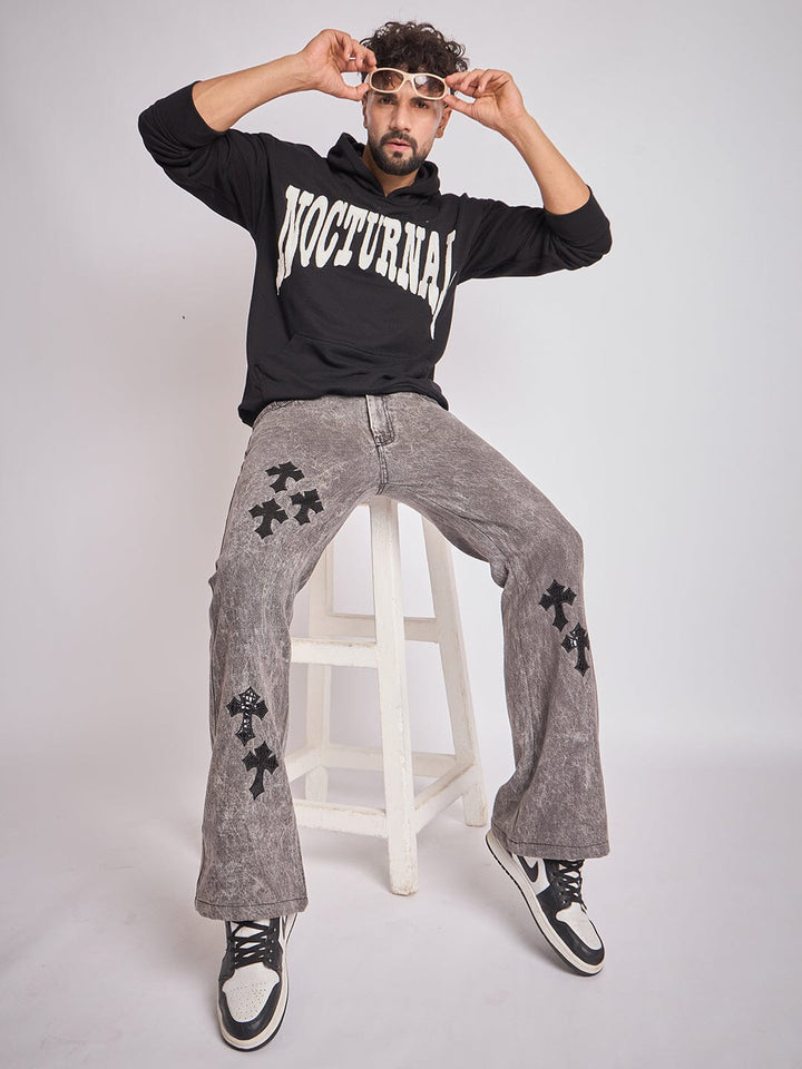 Grey Pu Cross Flared Denim