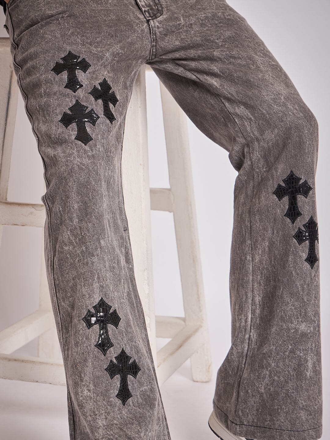 Grey Pu Cross Flared Denim