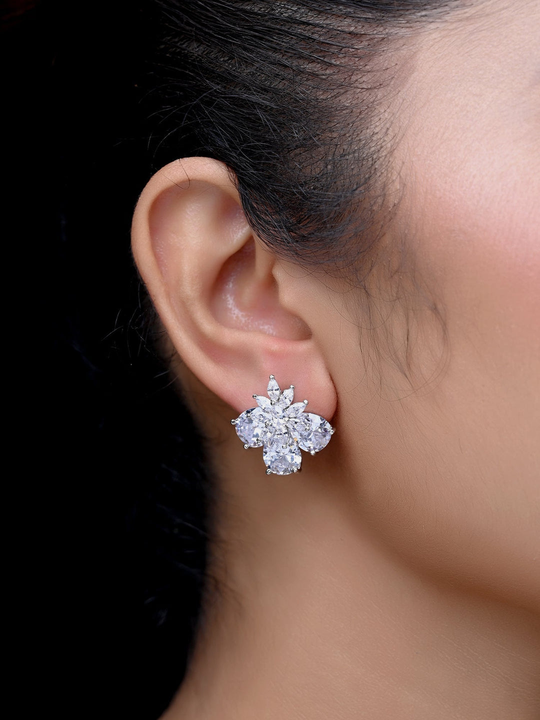 Stylish Silver Plated Brass American Diamond Studs with White Stone