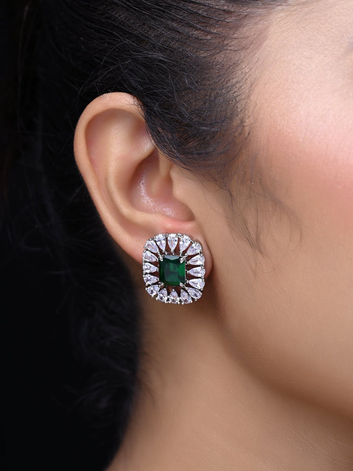 Stylish American Diamond Studs with Semi Precious Green Emerald Stone