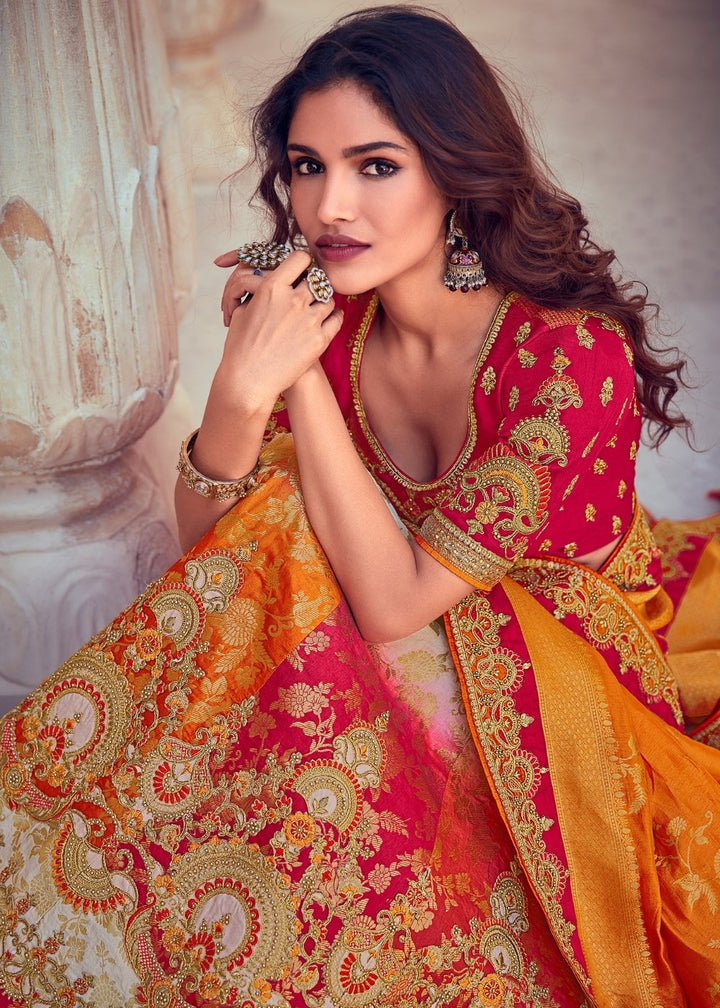 Daisy White & Orange Banarasi Silk Lehenga Choli with Khatli work Embroidery | Ready To Wear - qivii