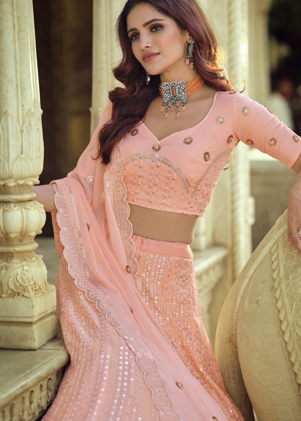 Salmon Pink Georgette Lehenga Choli with Sequins & Thread work | Ready To Wear - qivii