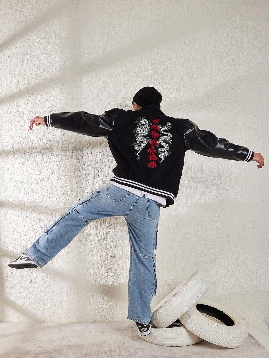 Black Dragon Embroidery Varsity Jacket