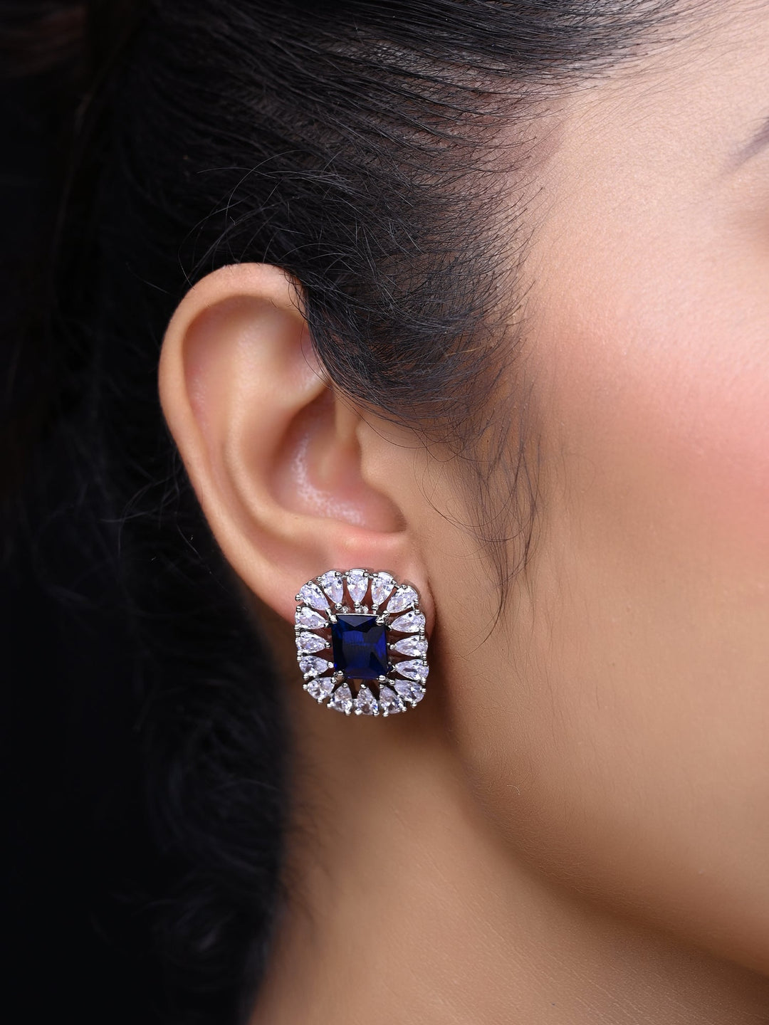 Trendy Silver Plated Brass Studs with Semi Precious Aqua Stone