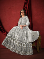 White Georgette Thread & Sequence Embroidery Work Gown